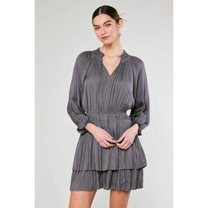 Current Air Womens Dress Gray Cecile Smocked Mini V Neck Fit Flare Pleated Small